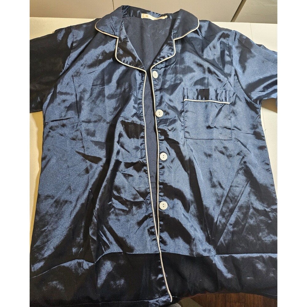 Unisex Satin Button Down Pajama Top Navy Blue Size Large